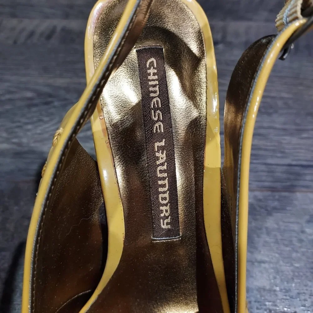 Chinese Laundry Yellow Patent Leather Slingback Brown Heels Pickstitch Size 7 - Picture 8 of 12